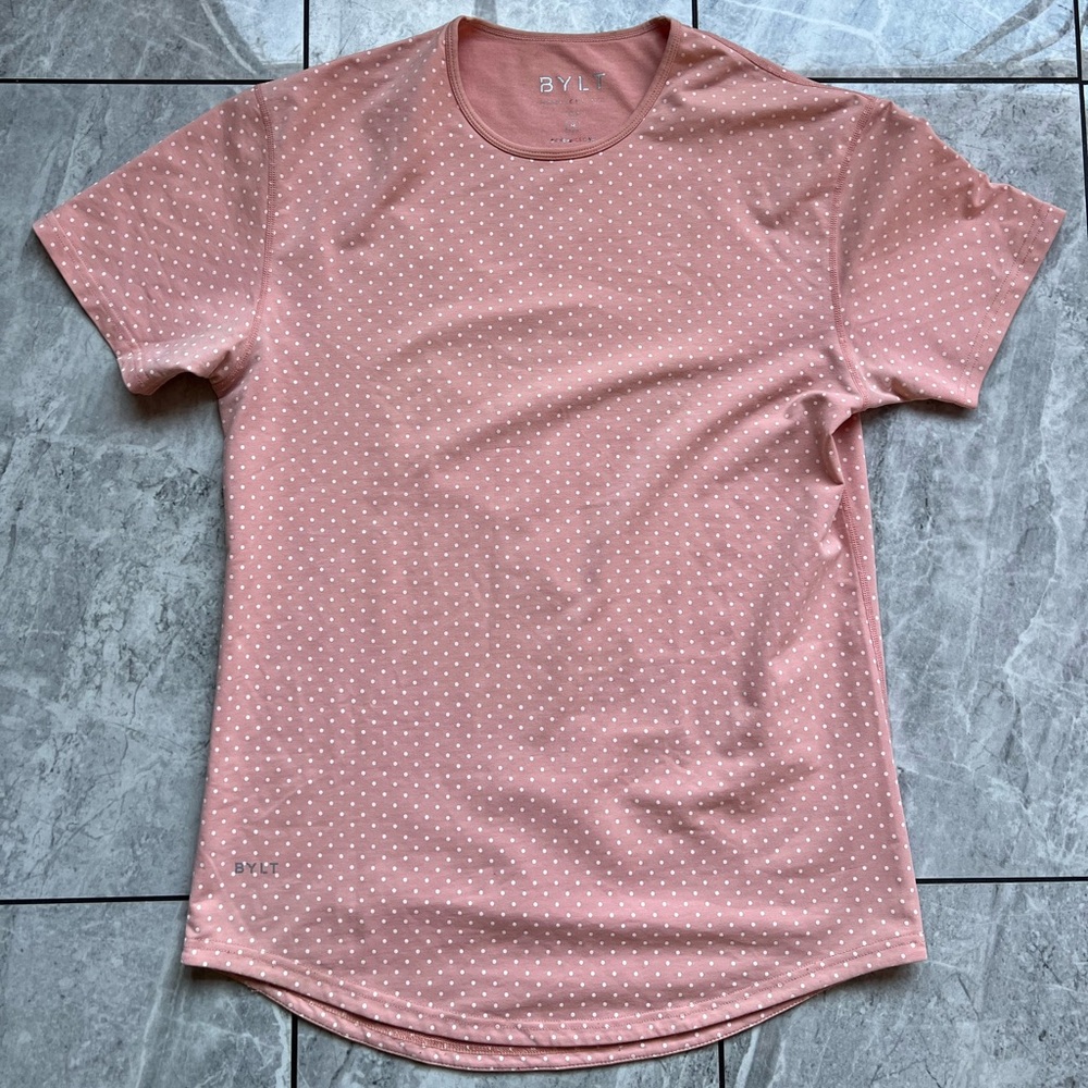 BYLT Basic Mens Salmon Pink Drop-Cut LUX Polka Dot Athletic S/S  Crew T-Shirt M